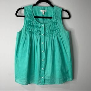 J.Crew Smocked Tank Top Button Front Green Cotton Women’s Size 4